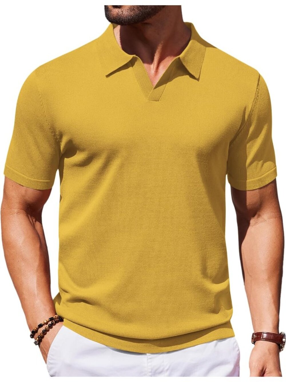 Men's Yellow 100% Polyester V Neck Short Sleeve Stretch Knit Polo Shirt